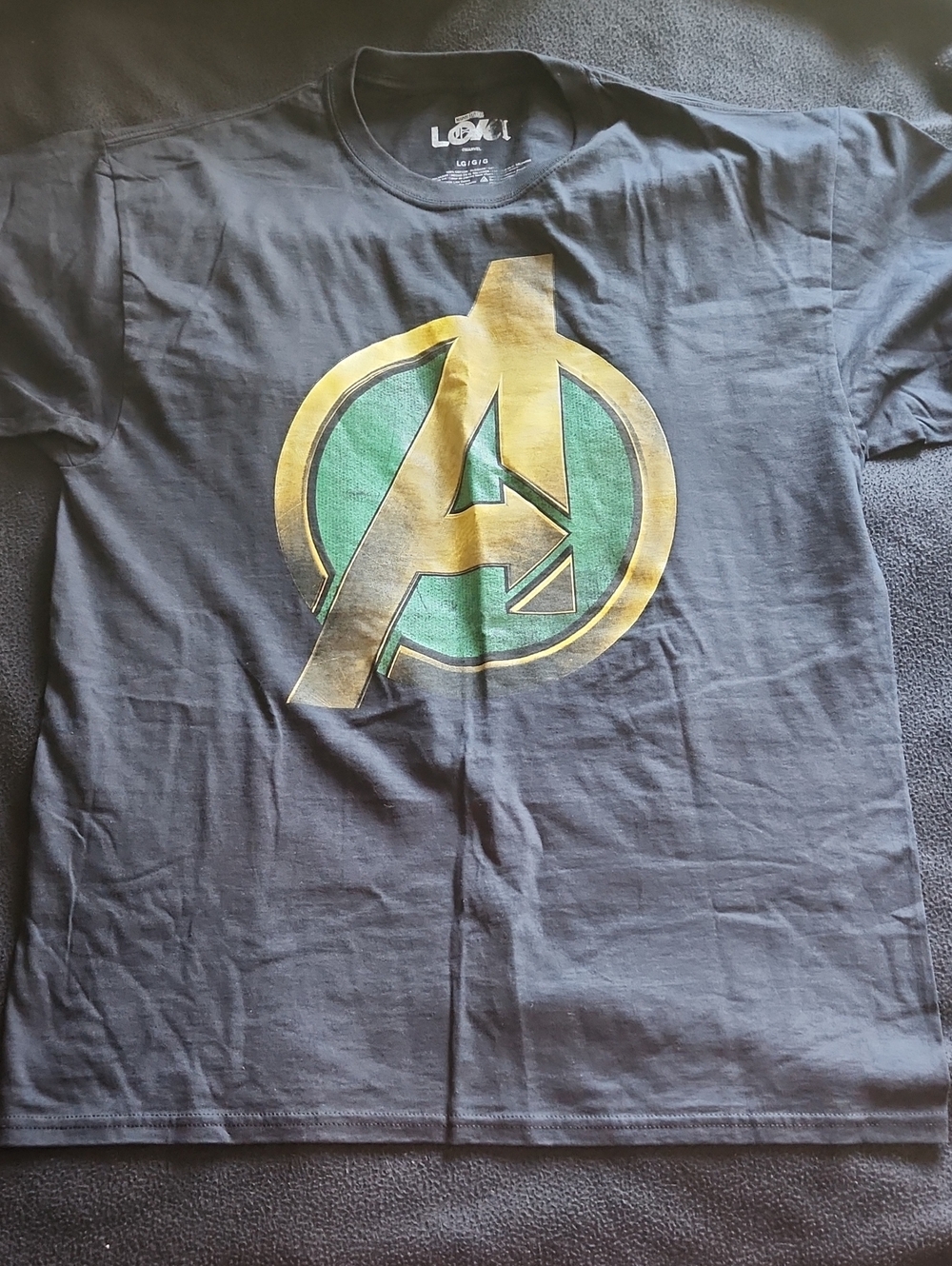 Loki Avengers Logo Graphic Tee - Black with Gold & Green Print